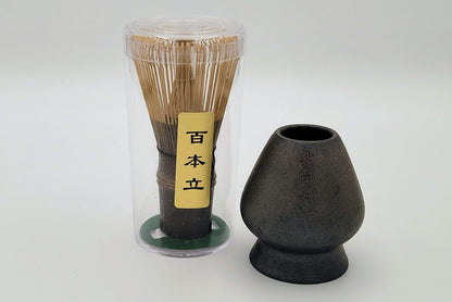 Matcha set hand-carved black bamboo whisk (100 teeth) with holder