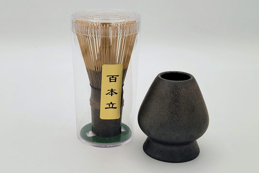 Matcha set hand-carved black bamboo whisk (100 teeth) with holder